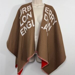 Burberry Tan Poncho Logo cape open front fringe trim one size